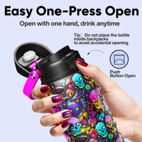 Insulated Water Bottle with Straw - Encool Stainless Steel Water Bottle with Push Button Lid, Leak-Proof & BPA-Free, Keeps Cold for 24 Hours for Sports, Travel, Gym (32 oz, Trippy Skulls)