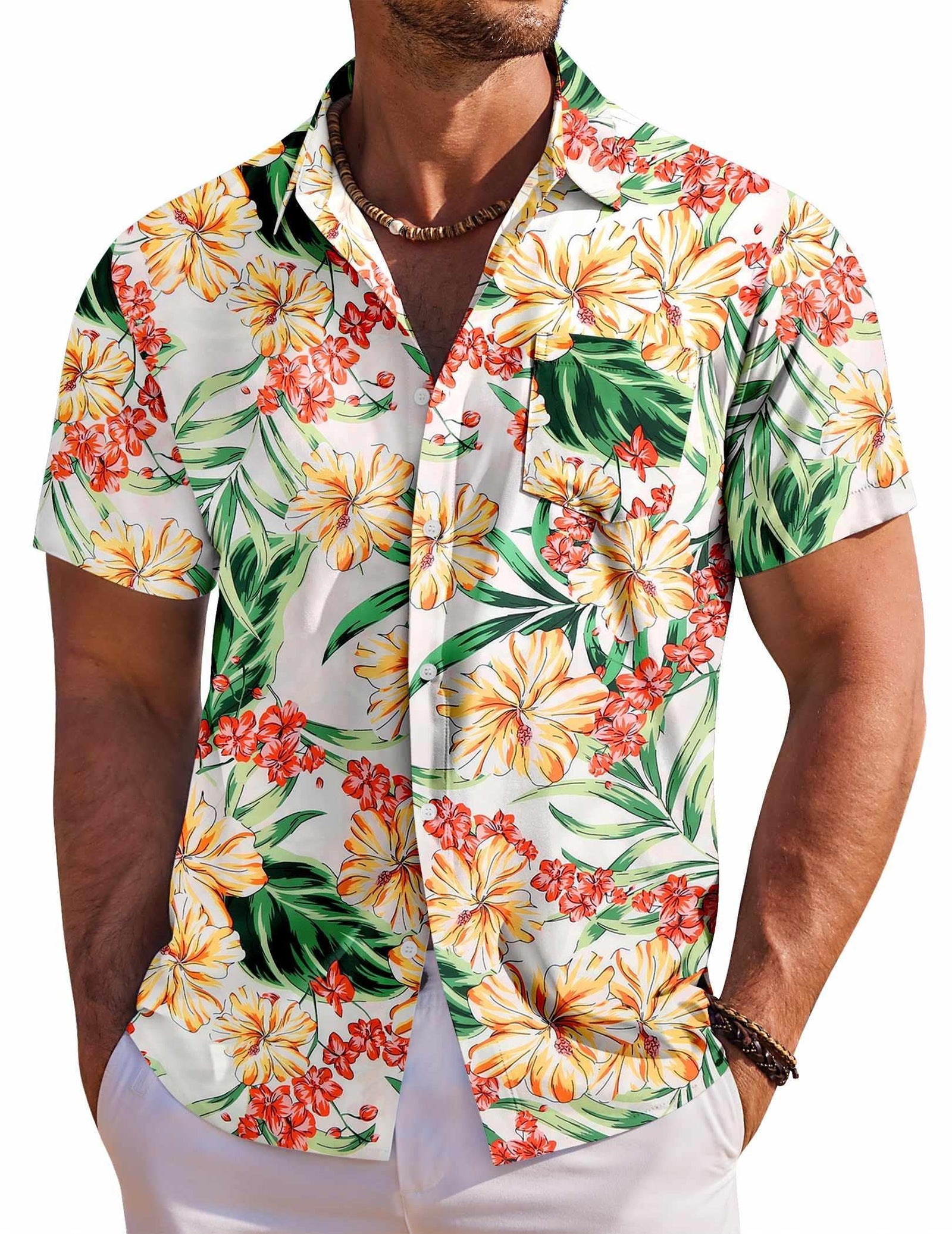 COOFANDY Mens Hawaiian Shirt for Men Short Sleeve Beach Shirts Tropical Cruise Shirt, White - Flower, X-Large