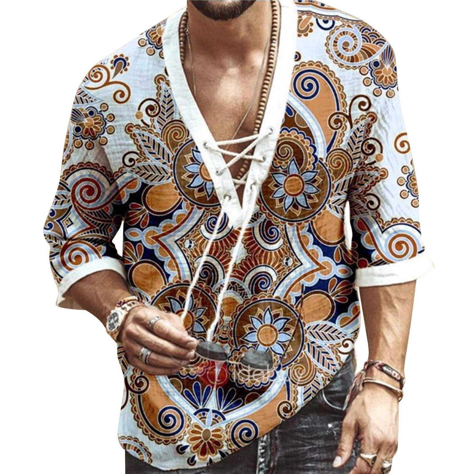 Men's Fashion Shirt Short Sleeve Beach V-Neck Drawstring Printing Yoga African Summer Top White L