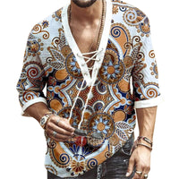 Men's Fashion Shirt Short Sleeve Beach V-Neck Drawstring Printing Yoga African Summer Top White L