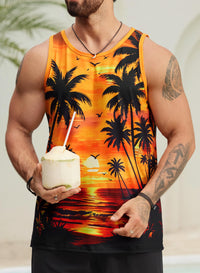 VOGSTART Mens Palm Tree Top Sunset Slim Fit Tank Printed Muscle Vacation Sleeveless Summer Surfing Shirt Orange XL
