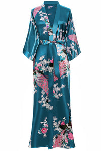 BABEYOND Women's Kimono Robe Long Satin Silky Robes with Peacock and Blossoms Printed Kimono Nightgown