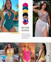 SHAPELLX Tummy Control Swimsuit for Women Ruched V Neck One Piece Bathing Suit Full Coverage Shapewear Swimsuits Black L
