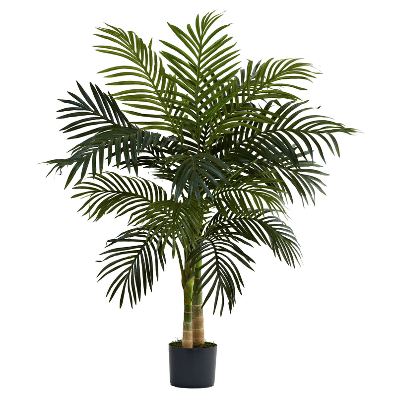 Nearly Natural 4ft Golden Cane Palm, Double Stalk Artificial Tree With Lush Realistic Foliage Maintenance Free Indoor Faux Palm Plant For Living Room, Easy Setup, Perfect Tropical Decoration