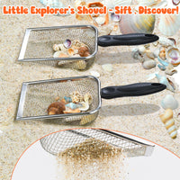 QINGLER 2 PCS Beach Mesh Shovel Sand Sifters with 2 PCS Mesh Beach Bag, Shark Tooth Sifter for Shell Collecting, Filter Sand Scooper Shells Tools for Boys and Girls