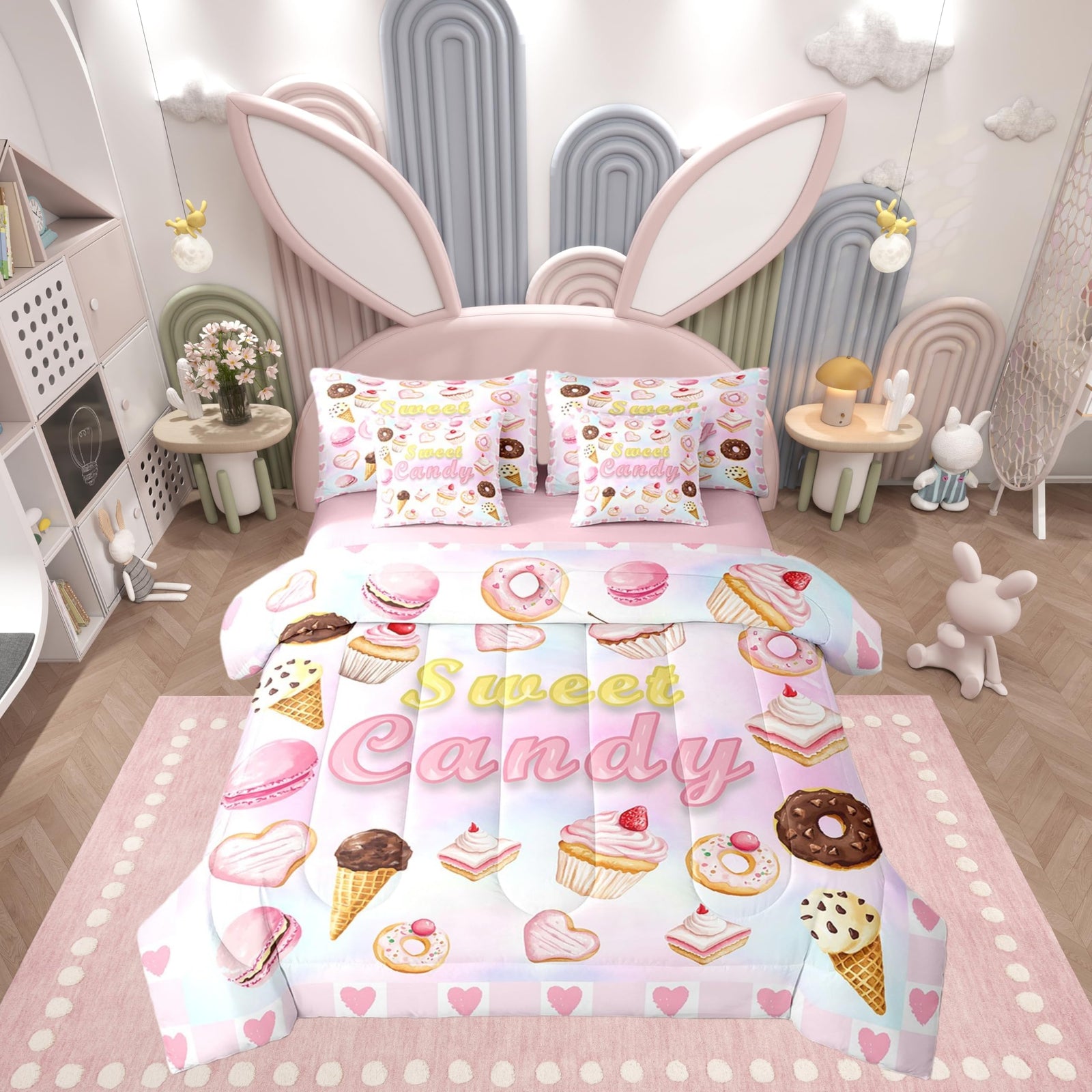 Castle Fairy Dessert 7 Pcs Comforter Set King Size Bed in a Bag,Girls Cupcake Ice Cream Bed Set Room Decor,Sweet Donut Food Bedding Sets with Comforter,Flat,Fitted Sheet,Pillowcases,Pillow Covers