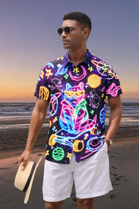 Mens Hawaiian Neon Shirt Summer Short Sleeve Button Down Galaxy Cats Graphic Aloha Dress Shirts Beach Neon Clothes