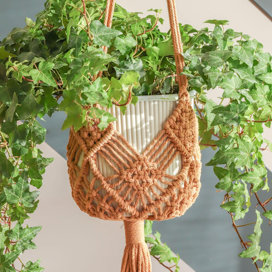 Hanging Planter with Patterns,2Packs Macrame Plant Hangers Indoor Macrame for up to 8 inch Pot Crochet Boho Plant Hanger Holder for Indoor Outdoor with 2S Shaped Stainless Steel Hooks (Caramel)
