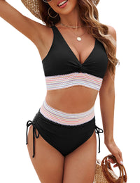 Edelqual Womens High Waist Bikinis Set Tummy Control Swimsuit 2 Piece Bathing Swimming Suits Summer Cute Swimwear Drawstring Retro Cruise Outfits Beachwear 2026 (Black,XL)
