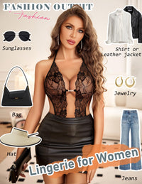 Avidlove Womens Lingerie One Piece Teddy Sexy Halter Lace Bodysuit Mini Babydoll Black Small