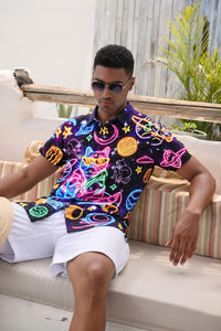 Mens Hawaiian Neon Shirt Summer Short Sleeve Button Down Galaxy Cats Graphic Aloha Dress Shirts Beach Neon Clothes
