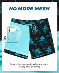 SURF CUZ Mens Swim Trunks with Compression Liner 5" Swim Shorts Quick Dry Bathing Suit Swimming Trunks Zipper Pockets Turquoise Palm Tree Medium