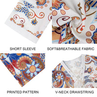 Men's Fashion Shirt Short Sleeve Beach V-Neck Drawstring Printing Yoga African Summer Top White L