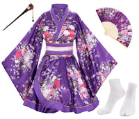 Japanese Anime Women's Dance Kimono Robe Fancy Dress Yukata Silk Folding Fans Tabi Hairstick Socks Set Purple Large