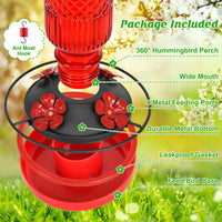 FEED GARDEN Glass Hummingbird Feeder for Outdoors Hanging, 16 oz Leak-Proof Nectar Feeder with Bee Guards & Ant Moat, 4 Metal Flower Feeding Ports, 360° Perch Ring, Easy Refill & Clean, Red