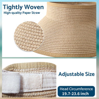 NPJY Sun Hats for Women Wide Brim Roll-Up Beach Ponytail Hat Packable Travel Foldable Straw Visor Khaki