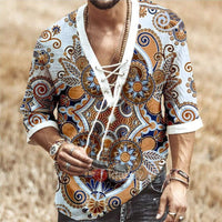 Men's Fashion Shirt Short Sleeve Beach V-Neck Drawstring Printing Yoga African Summer Top White L