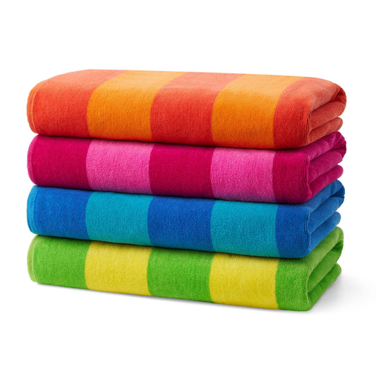 Kaufman - Soft Oversized Beach Towels in Bulk | 29" x 58" Velour Striped Towel | Absorbent, Quick-Drying | 100% Cotton Thick Towels (4 Pack)