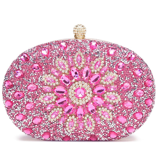 Beaguful Women's Evening Bags Sparkly Rhinestone Clutch Purses Luxury Handbags Oval Rose Red