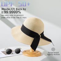 Beach Sun Hats for Women, Straw Hat for Women UPF 50+ UV Sun Protection Summer Hat Foldable Roll up Cap