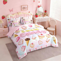 Castle Fairy Dessert 7 Pcs Comforter Set King Size Bed in a Bag,Girls Cupcake Ice Cream Bed Set Room Decor,Sweet Donut Food Bedding Sets with Comforter,Flat,Fitted Sheet,Pillowcases,Pillow Covers