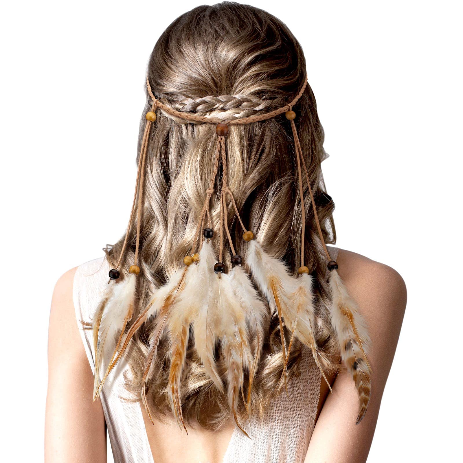 XunYee Feather Headband Hippie Headband for Women Hippie Accessories Indian Hair Accessories for Costume(Short,Exotic Style,White and Light Brown)