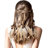 XunYee Feather Headband Hippie Headband for Women Hippie Accessories Indian Hair Accessories for Costume(Short,Exotic Style,White and Light Brown)