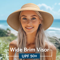 NPJY Sun Hats for Women Wide Brim Roll-Up Beach Ponytail Hat Packable Travel Foldable Straw Visor Khaki