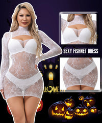 XIUSEMY Sexy Lingerie Dress for Women Fishnet Hollow Out Bodycon Stretchy Nightwear Exotic Beach Cover Up Outfit(One Size,White)