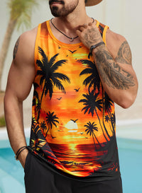 VOGSTART Mens Palm Tree Top Sunset Slim Fit Tank Printed Muscle Vacation Sleeveless Summer Surfing Shirt Orange XL