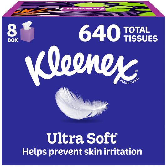 Kleenex Ultra Soft Facial Tissues, 8 Cube Boxes, 80 Tissues per Box, 3-Ply, Packaging May Vary