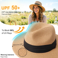 DRESHOW Women Straw Panama Hat Travel Fedora Beach Sun Hat Summer Wide Brim Straw Roll up Hats UPF 50+