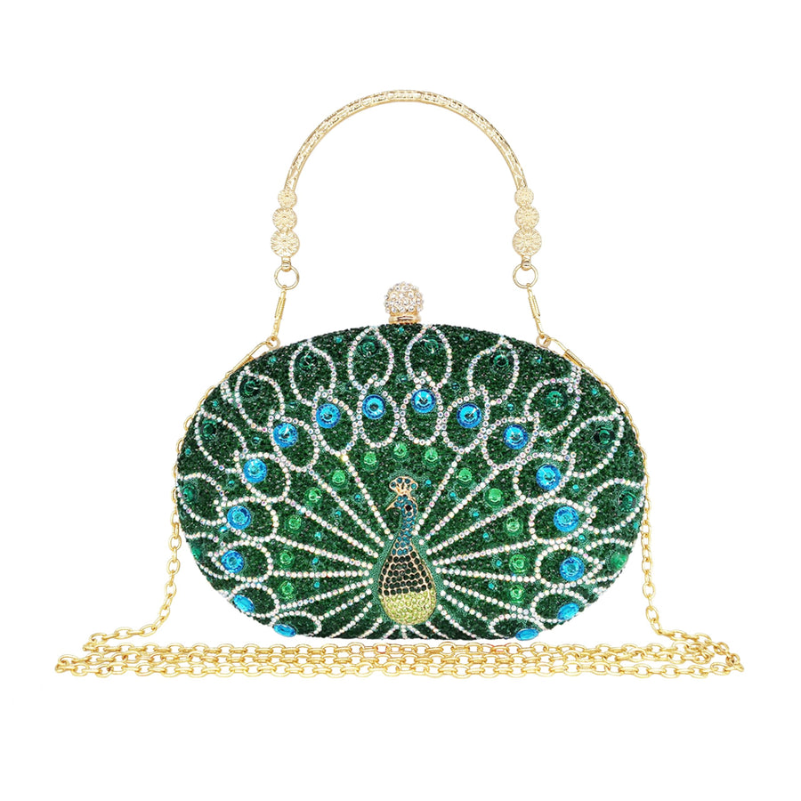MAIRLOM Women's Evening Bags Sparkly Rhinestone Clutch Purses Luxury Diamond Peacock Handbag for Wedding Party Formal（Green Peacock）