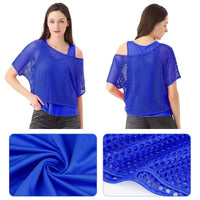 WILDPARTY Women Casual Sexy 80s Costumes Fishnet Neon Off Shoulder T-Shirt Two Pieces (Blue-L)