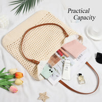 Sightor Crochet Beach Bag, Woven Tote Bag Summer Boho Bag Travel Casual Shoulder Bag for Summer Vacation (Beige)