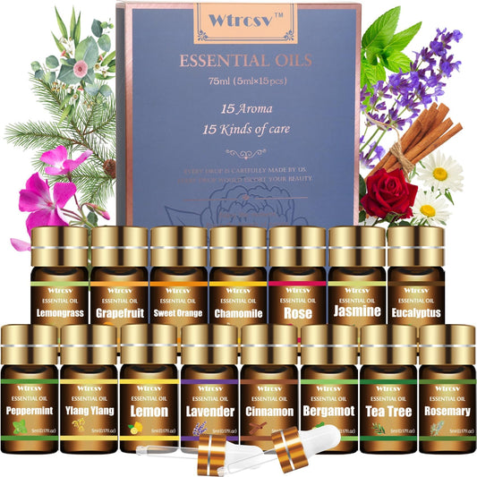 Wtrcsv Essential Oils Set - Top 15 Scents for Diffuser, Humidifier, Skin Care, Aromatherapy, Massage, Candle & Soap Making - Fragrance Gift Set (5ml)