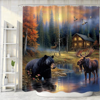 Sanzugh Rustic Bear Shower Curtain, Country Moose Deer Cabin Fabric Shower Curtains Set for Bathroom Lake Lodge Duck Decoration with Hooks 72 X 72 inch Farmhouse Bath Decor