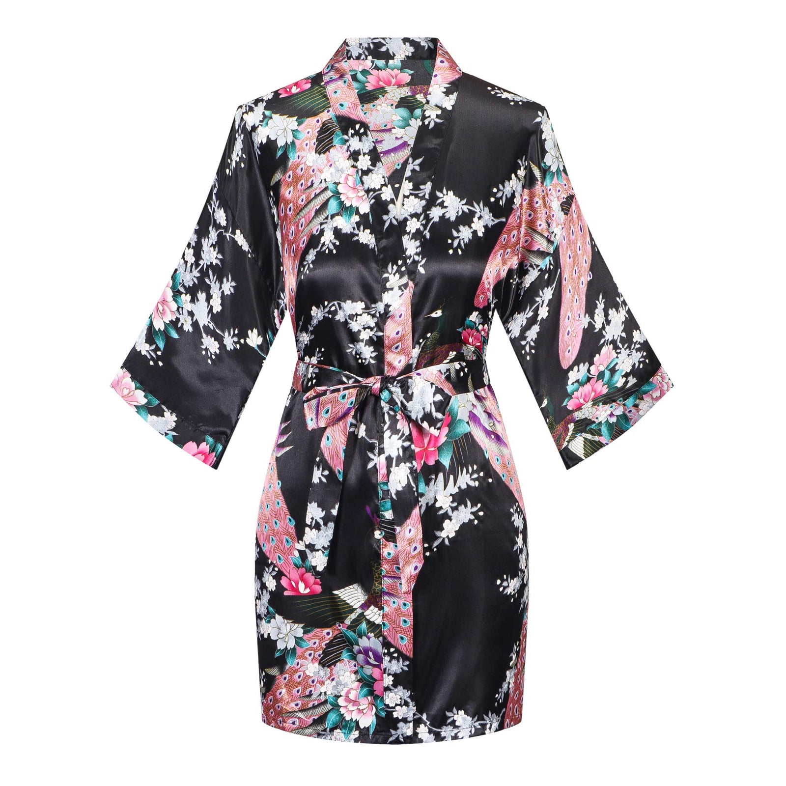 Kimono Palace Women Lightweight Robe Kimono Soft Bathrobe Bridal Party, Black Large