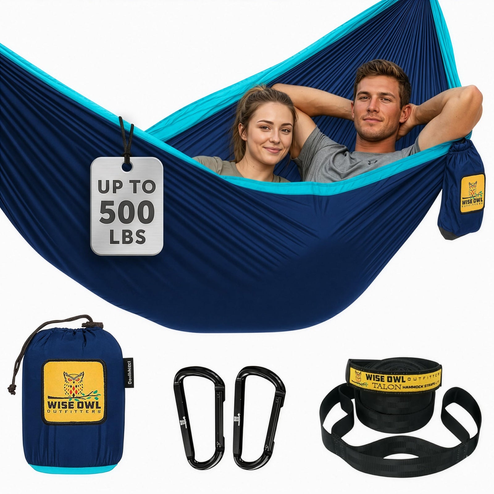 Wise Owl Outfitters Hammock for Camping Double Hammocks Gear for The Outdoors Backpacking Survival or Travel - Portable Lightweight Parachute Nylon DO Navy & Lt Blue