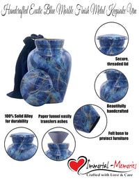 Marble Finish Keepsake Sharing Urn – Mini Metal Cremation Urn for Human or Pet Ashes – Small Memorial Token Urn with Velvet Bag & Funnel – A Perfect Tribute & Gift for Families (Exotic Blue)