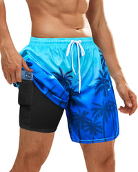 OlyPegic Mens Swim Trunks 7 Inch Bathing Suit Mens Swimwear Shorts Quick Dry Swim Trunks with Compression Liner Coconut Tree with Zipper Pock