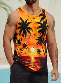VOGSTART Mens Palm Tree Top Sunset Slim Fit Tank Printed Muscle Vacation Sleeveless Summer Surfing Shirt Orange XL