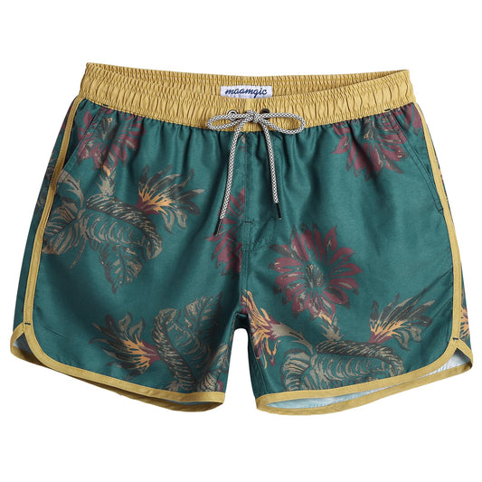maamgic Mens Short 80s 90s Vintage Swim Trunks with Mesh Lining Quick Dry Bathing Suit Board Shorts Floral Dark Green Small