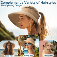 NPJY Sun Hats for Women Wide Brim Roll-Up Beach Ponytail Hat Packable Travel Foldable Straw Visor Khaki