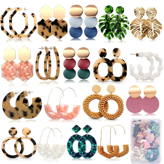 FIFATA 18 Pairs Vacation Statement Earrings for Women Straw Rattan Earrings Acrylic Resin Hoop Drop Dangle Earrings Set Hypoallergenic for Sensitive Ears