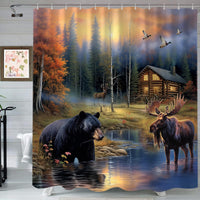 Sanzugh Rustic Bear Shower Curtain, Country Moose Deer Cabin Fabric Shower Curtains Set for Bathroom Lake Lodge Duck Decoration with Hooks 72 X 72 inch Farmhouse Bath Decor