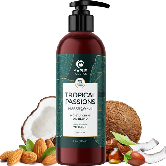 Tropical Sensual Massage Oil for Couples - Complete Relaxation Full Body Massage Oil for Date Night with Smooth Gliding Coconut and Sweet Almond Oil with Mango Scent - Non GMO Gluten Free and Vegan