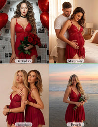 Avidlove Valentine Lingerie for Women Lace Babydoll Chemise Sheer Mesh Lingerie Dress Wine Red Medium