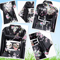 Japanese Anime Women's Long Kimono Robe Fancy Dress Hand Held Silk Folding Fans Tabi Socks Set Black