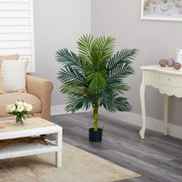 Nearly Natural 4ft Golden Cane Palm, Double Stalk Artificial Tree With Lush Realistic Foliage Maintenance Free Indoor Faux Palm Plant For Living Room, Easy Setup, Perfect Tropical Decoration